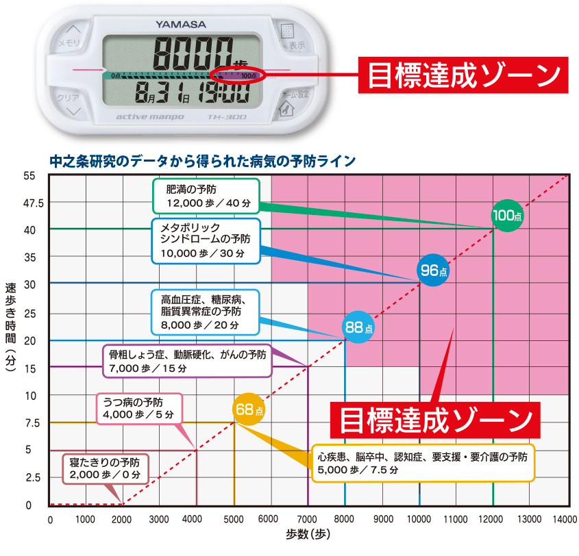 
【万歩計®・歩数計】アクティブ万歩　TH-300_バーグラフで評価、目標達成ゾーン(中之条研究の青栁幸利博士監修、速歩き計測)