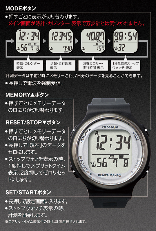 【万歩計・歩数計（腕時計）】ウォッチ万歩計　DEMPA MANPO（電波時計内蔵）　TM-650　ウォッチタイプ万歩計（腕時計タイプ万歩計）